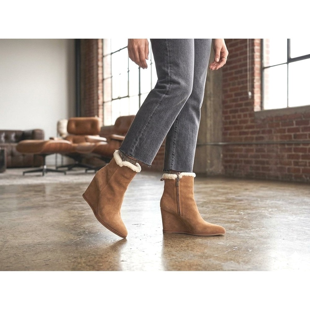 Marc Fisher LTD Oshay Tan Suede Faux Shearling Wedge Booties Size 10M